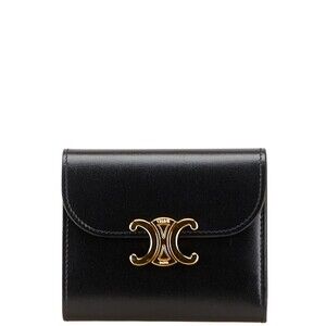 Celine Triomphe Tri fold Wallet Black Leather